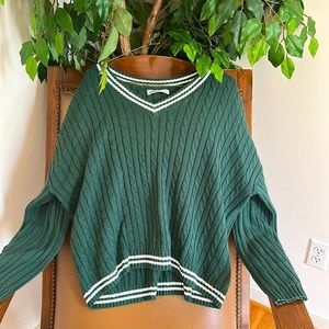 Hollister women’s oversized, green, cable knit, v-neck sweater